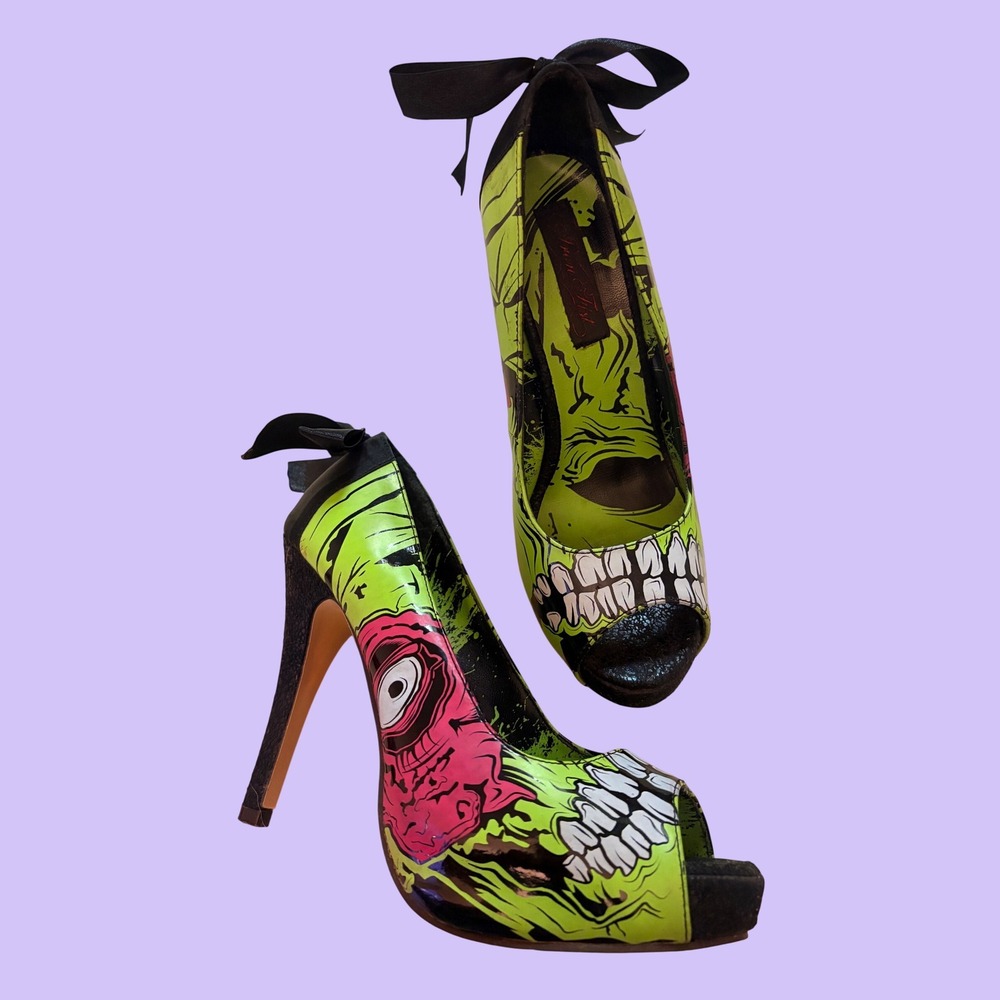 Y2K Iron Fist Zombie Peep Toe Platform Pumps Green Zombie Bow Stiletto Heels